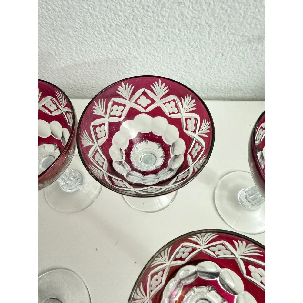 Vintage Cranberry Cut to Clear Crystal Cordial Glasses Set of 5 Ruby Red Floral